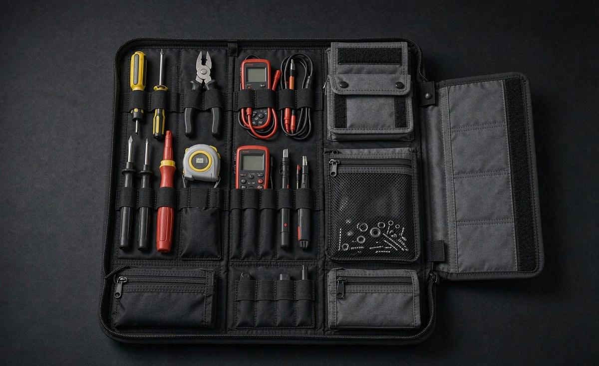 Twelve custom bag reward concepts for crowdfunding campaigns laid out on a sampling table with tech packs and fabric swatches
