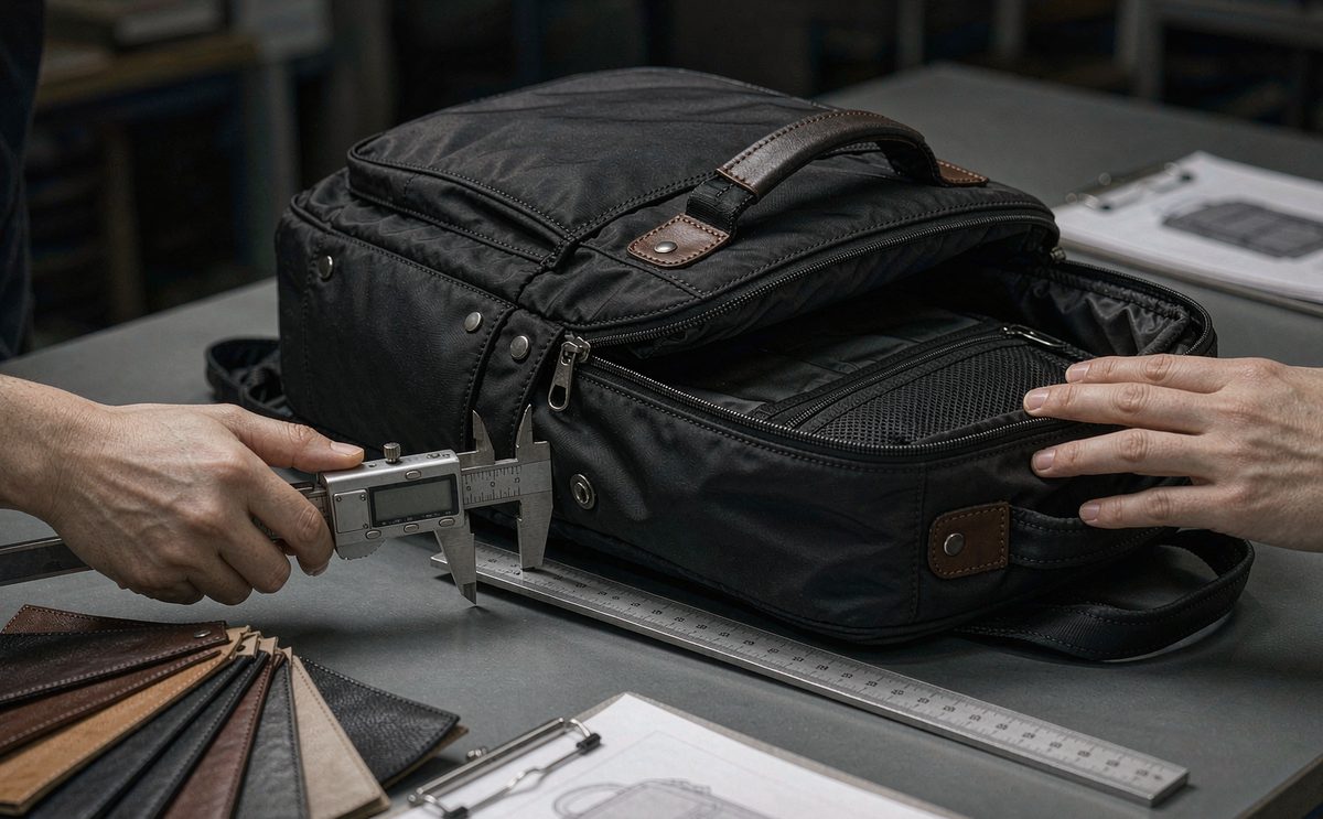 Production coordinator reviewing a cost breakdown and schedule with a campaign creator on a bag assembly line