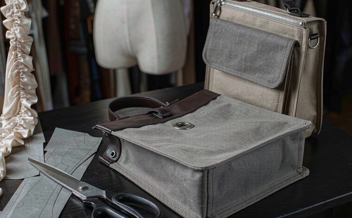 Bag prototype under review on a bench with calipers, a zip test jig, fabric swatches and a marked-up tech pack printout