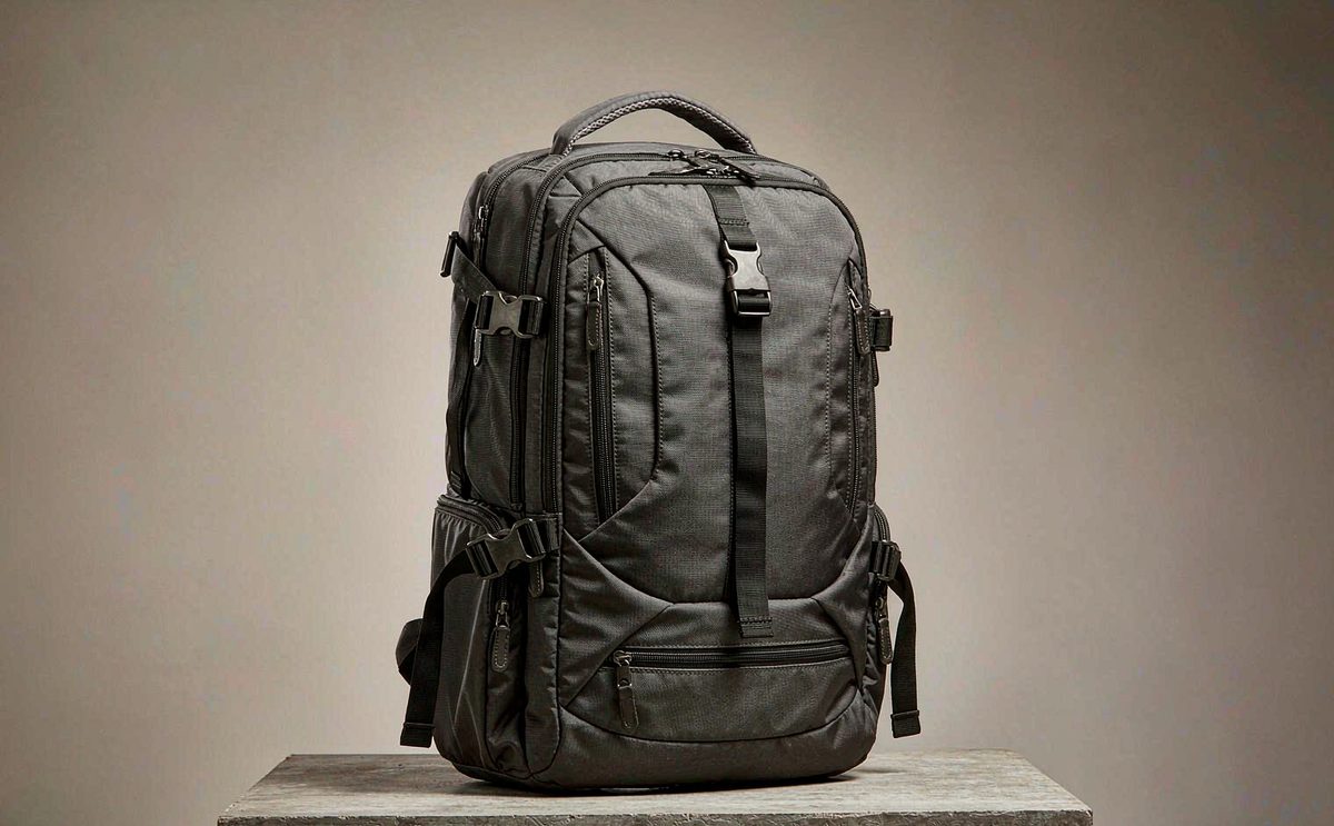 A charcoal nylon backpack with webbing straps and matte metal hardware on a concrete plinth
