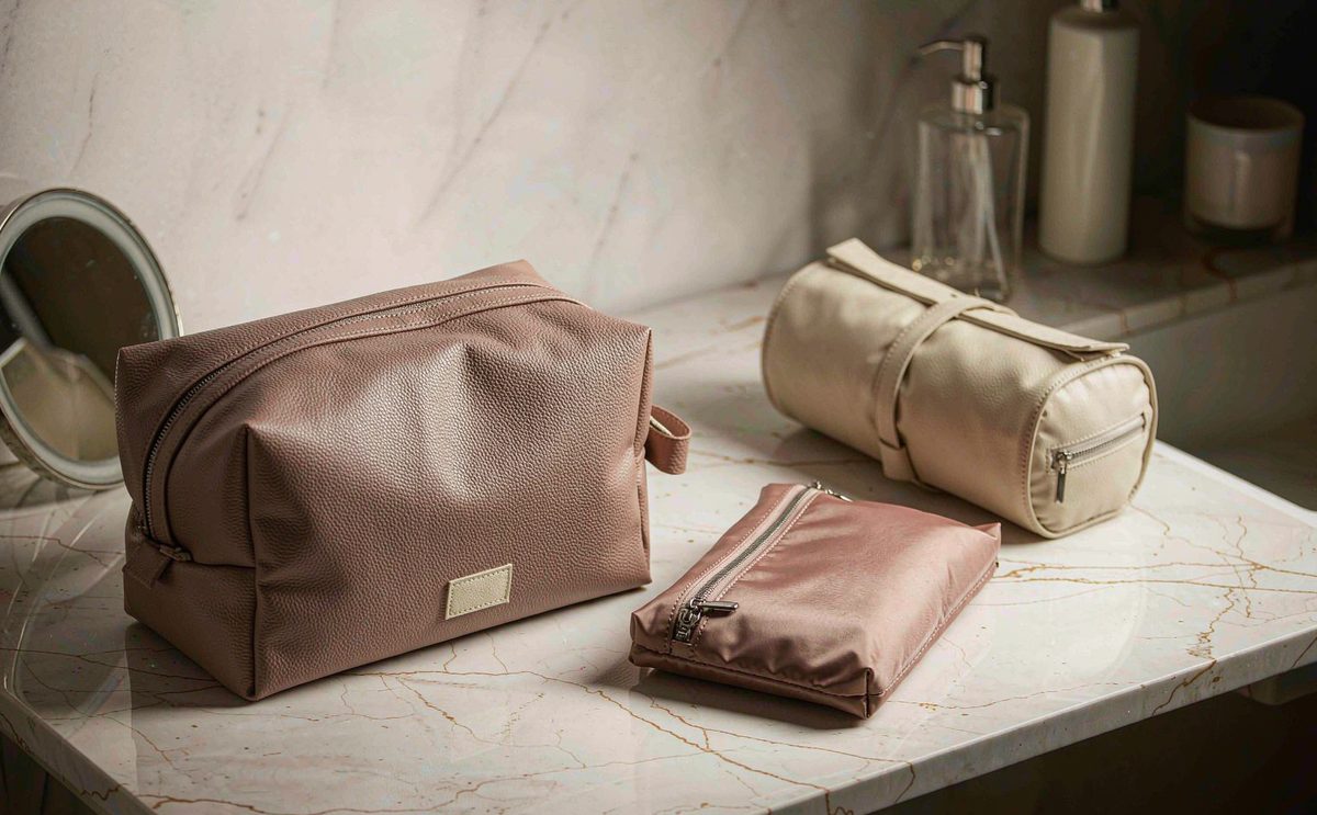 A flat cosmetic pouch, a boxy wash bag and a brush roll on a pale marble surface