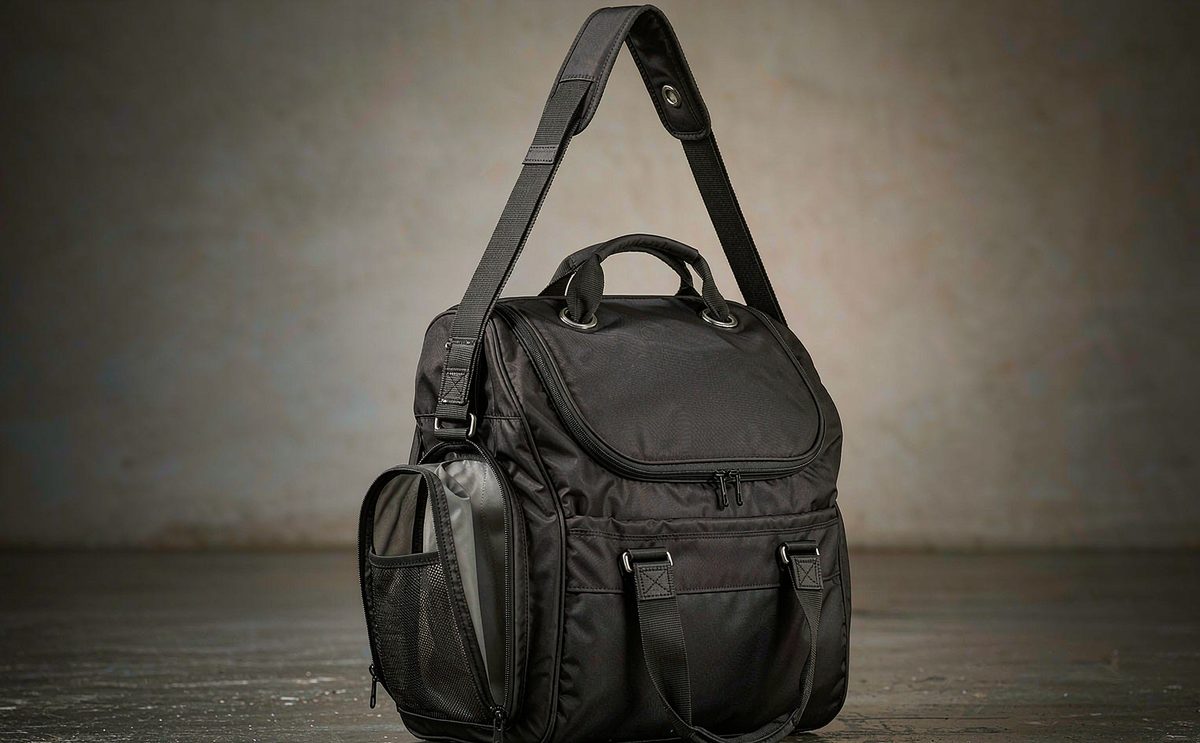 Custom duffel and weekender bag prototypes in two builds, barrel and rectangular, laid out with webbing, zip chain and trim swatches