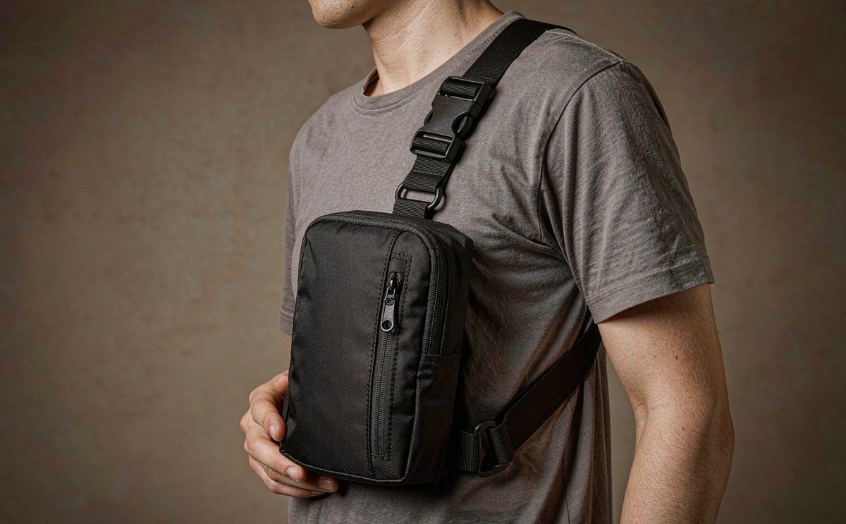 A black ripstop chest sling bag with a wide single strap worn across the chest