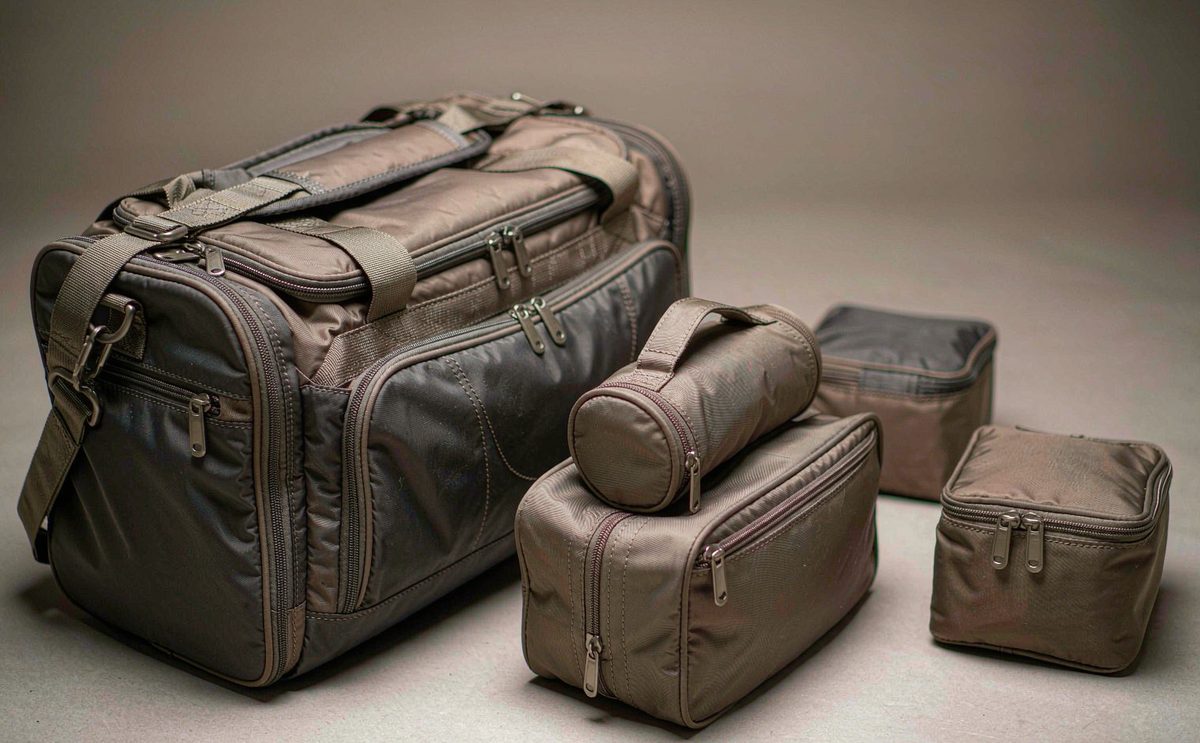 A charcoal travel duffel with packing cubes and a toiletry pouch beside it
