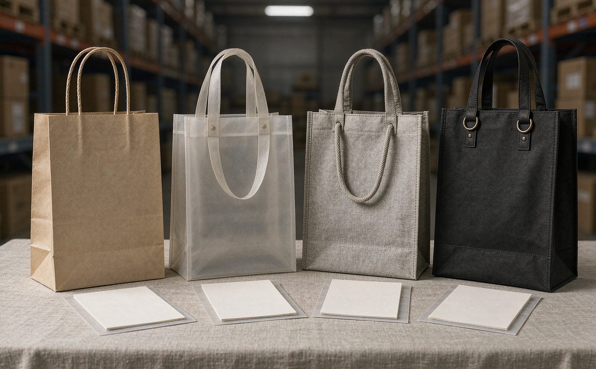 Assorted custom campaign bags staged for a multi-wave Indiegogo reward shipment
