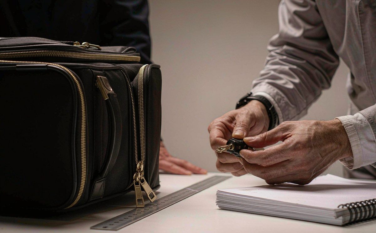 Inspector checking stitch density and zip alignment on a campaign backpack at final random inspection