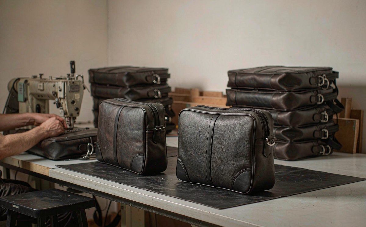 Small batch bag production run staged on a cutting table with 500-piece colourway stacks and a printed run sheet