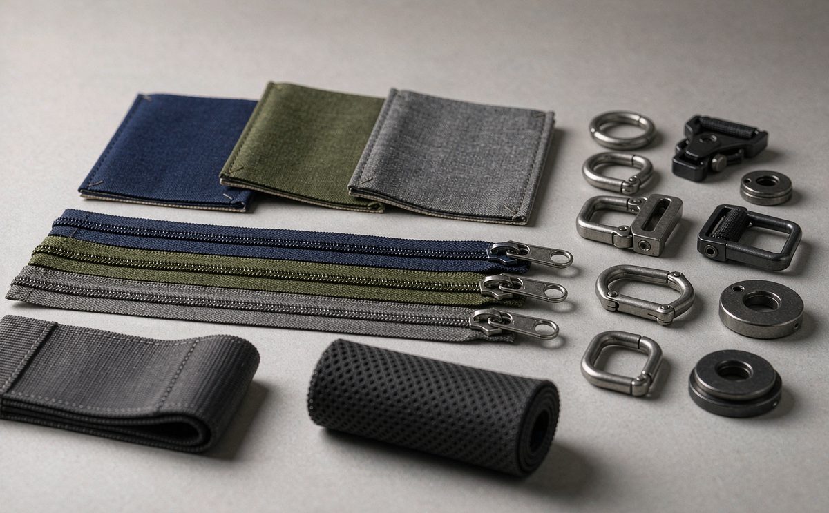 Fabric swatch cards, zipper chains, buckles and webbing samples on a light table