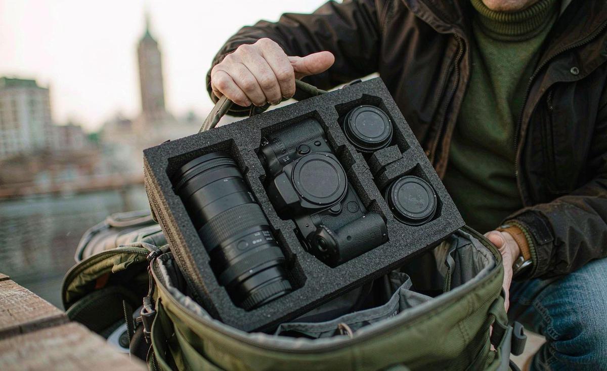 A charcoal camera messenger bag open to show padded dividers and lenses