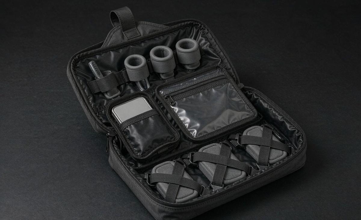 A hanging toiletry bag unzipped from a hook with mesh pockets holding bottles